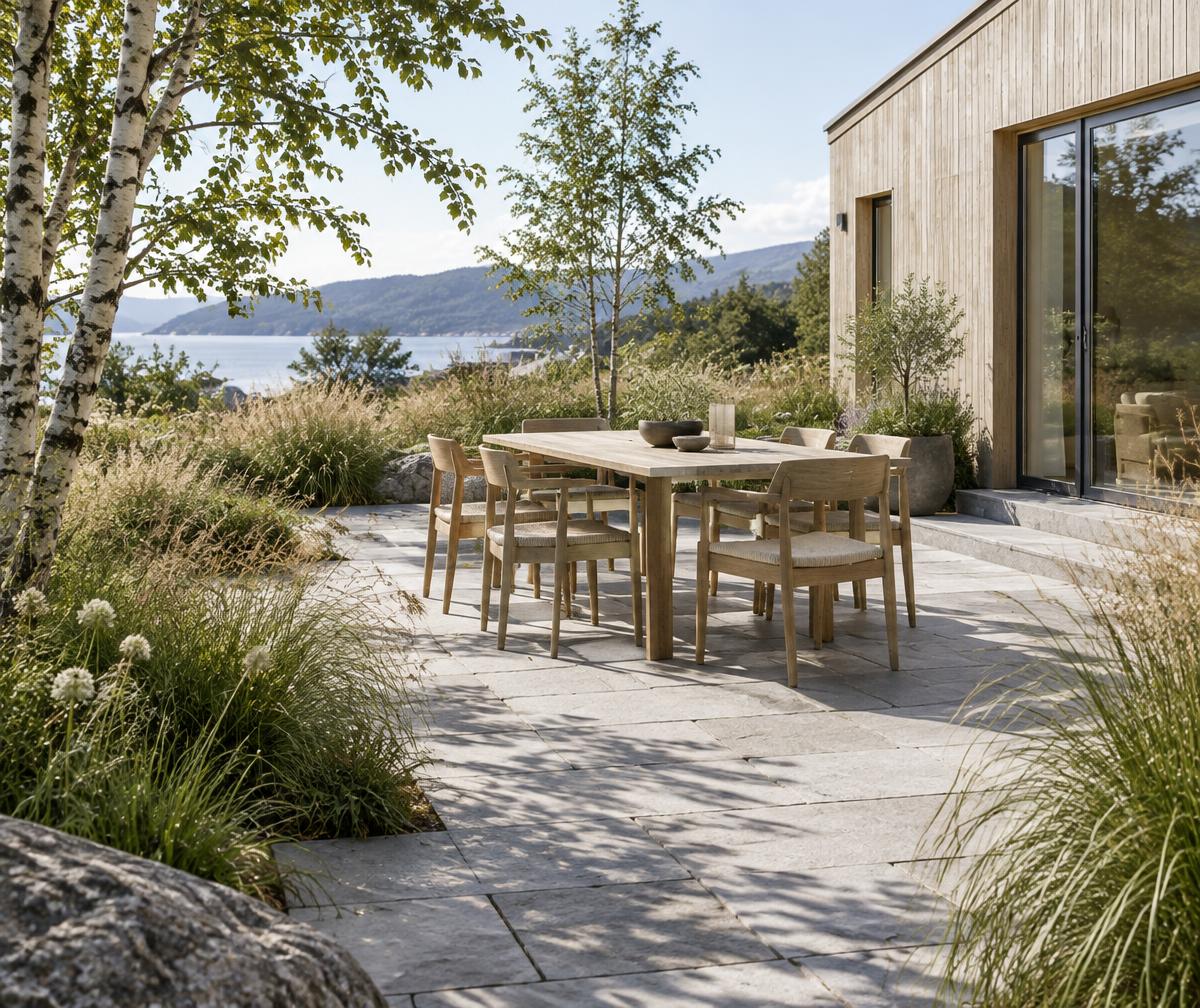Inspirasjonskonsept: naturstein og beplantning rundt en uteplass